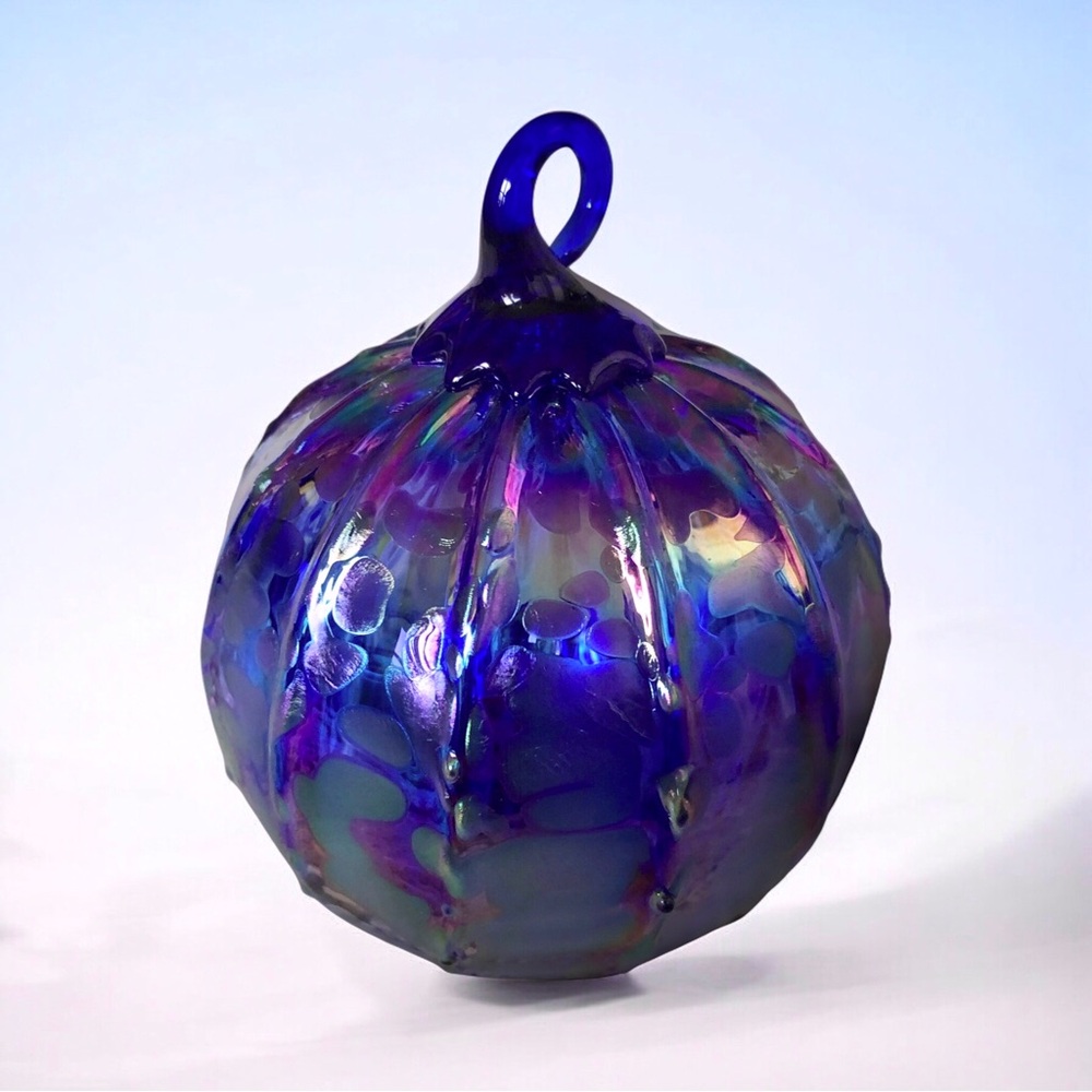 Glass Eye Studio Seattle Hand Blown Ball Ornament Cobalt Blue Luster Iridescent